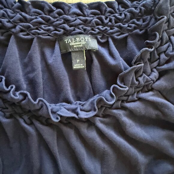 Talbots Petite Size P Small Navy Blue Short Sleeve Midi Dress With Ruffle Neck - Picture 2 of 7